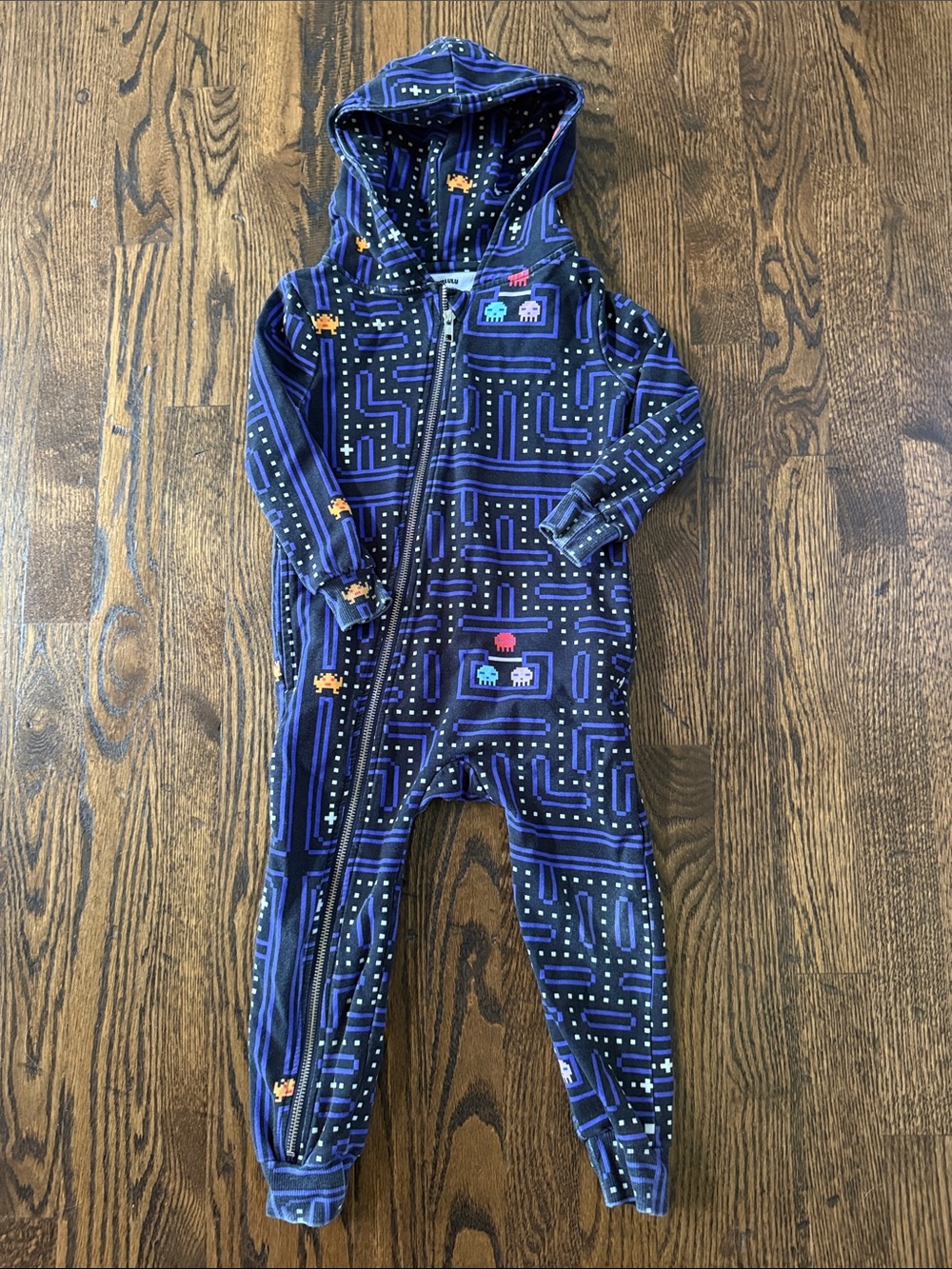 Toddler Hooded Footie One-Piece in Navy Blue Pac Man Print